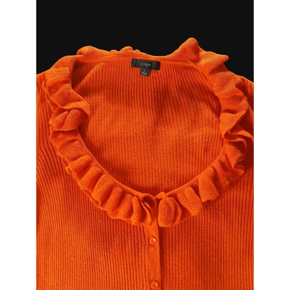 J Crew Orange Silk Cashmere Blend Ruffle Cardigan Sweater L Open Low Neckline - Picture 6 of 11